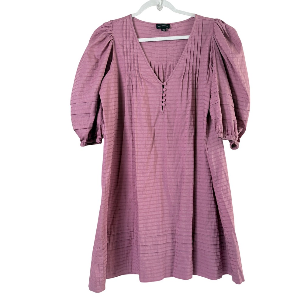 Summersalt Dress Womens Small Pink Cotton Puff Sleeve Pintuck V Neck Mini
